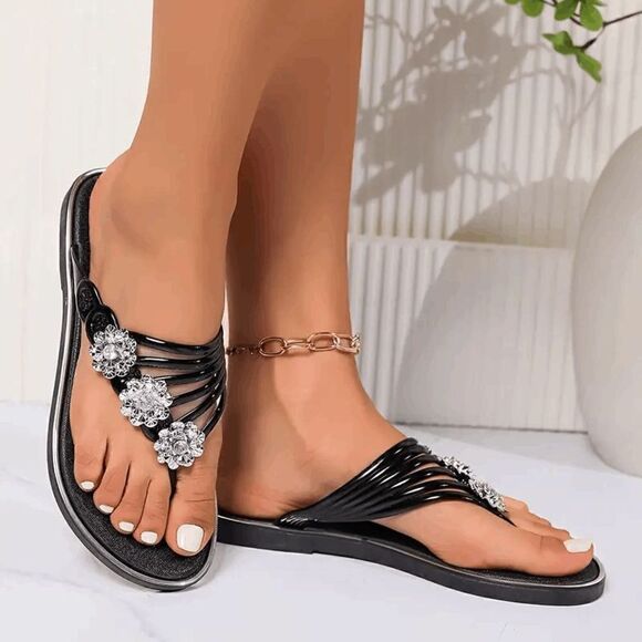Flower Rhinestone Slip On Flip-Flops - Black - Picture 1 of 6